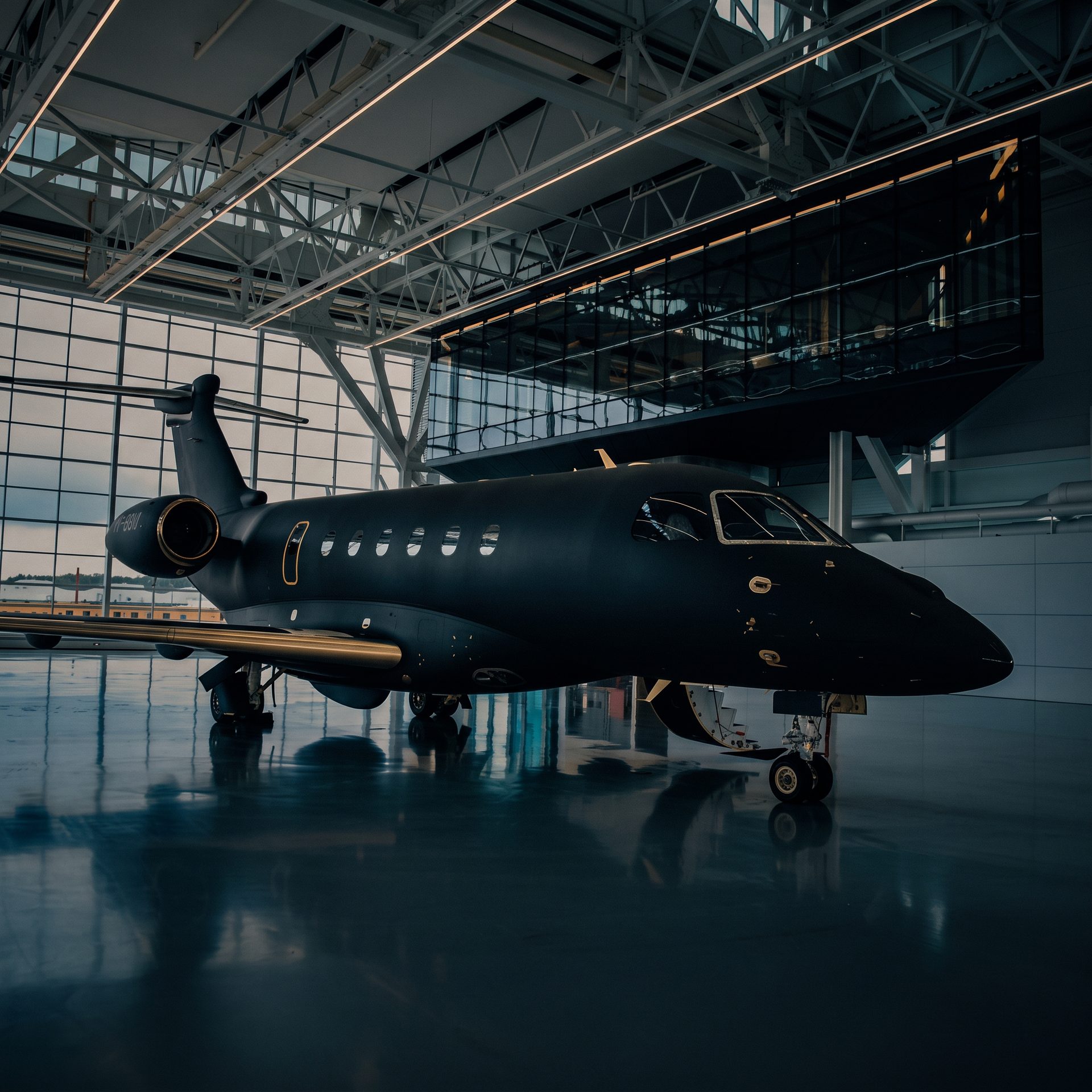 Matte black business jet in a modern hangar