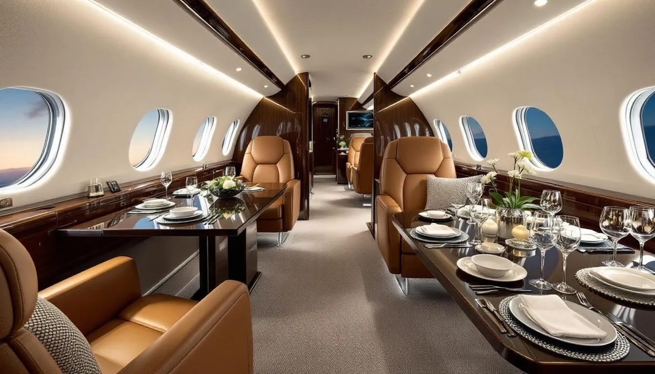 Private jet cabin interior with dining tables set