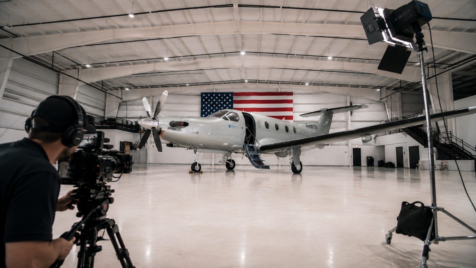 Behind the scenes filming a Pilatus PC-12 in the hangar