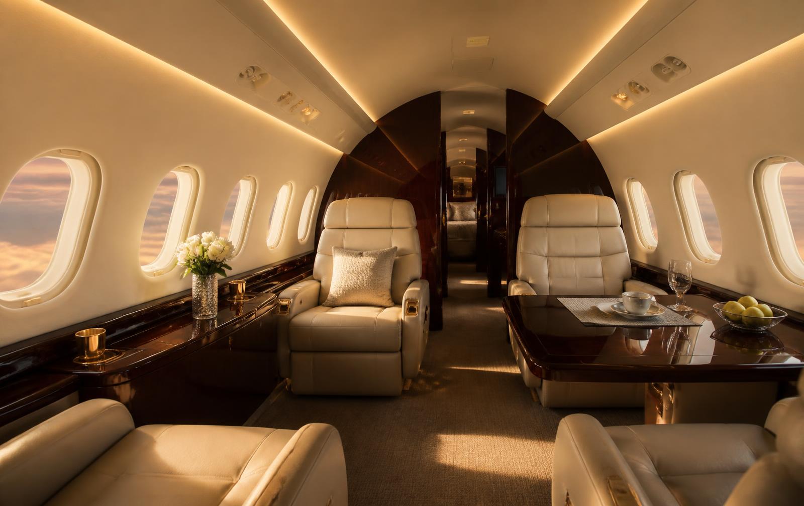 Executive cabin interior of a private jet