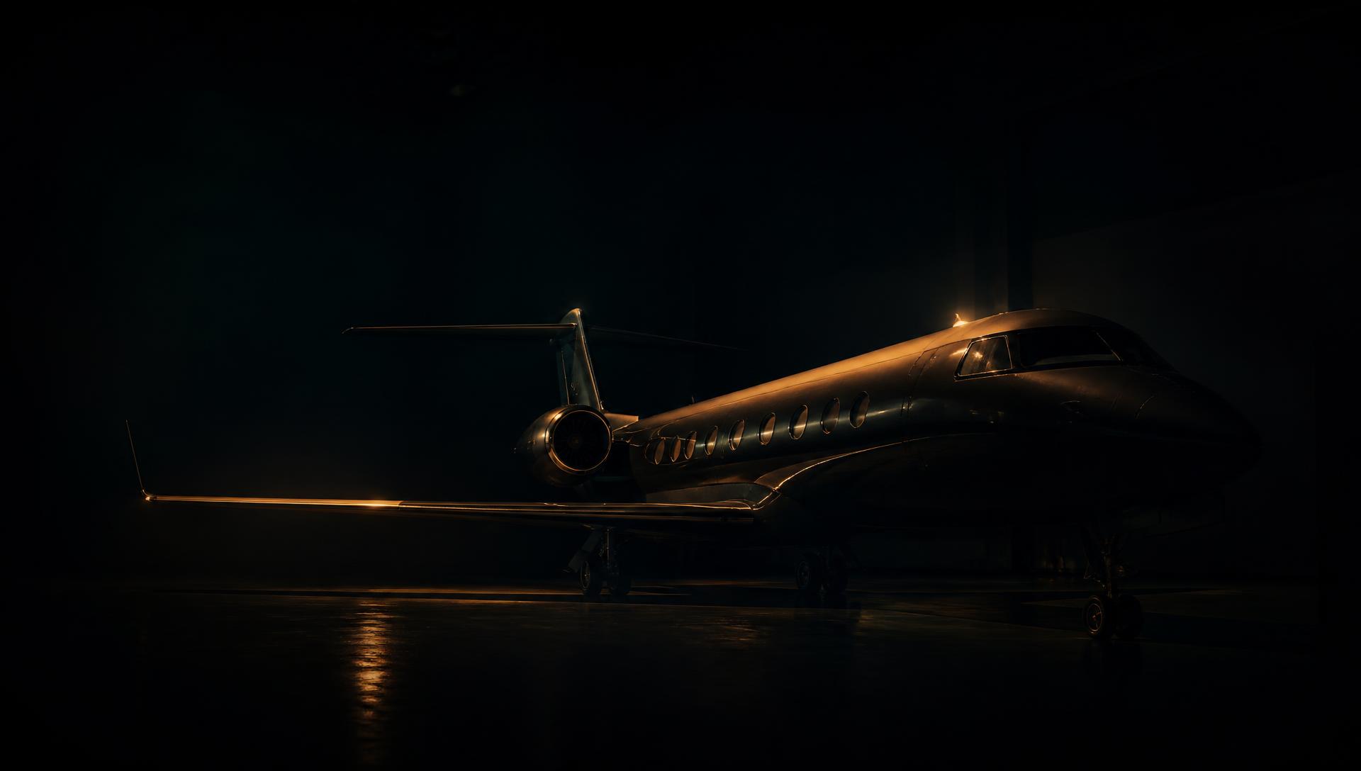 Private jet lit by low golden light inside a dark hangar at night