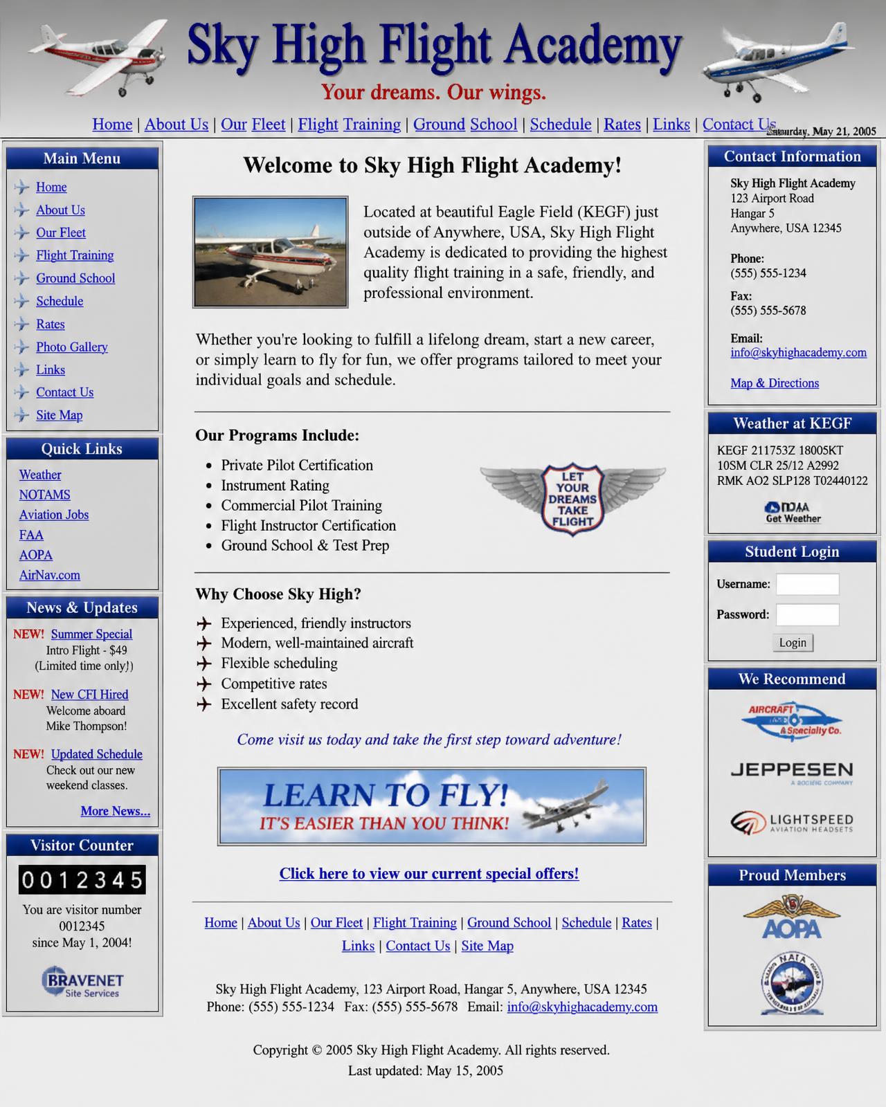 Cluttered 2000s-era flight school website before the redesign