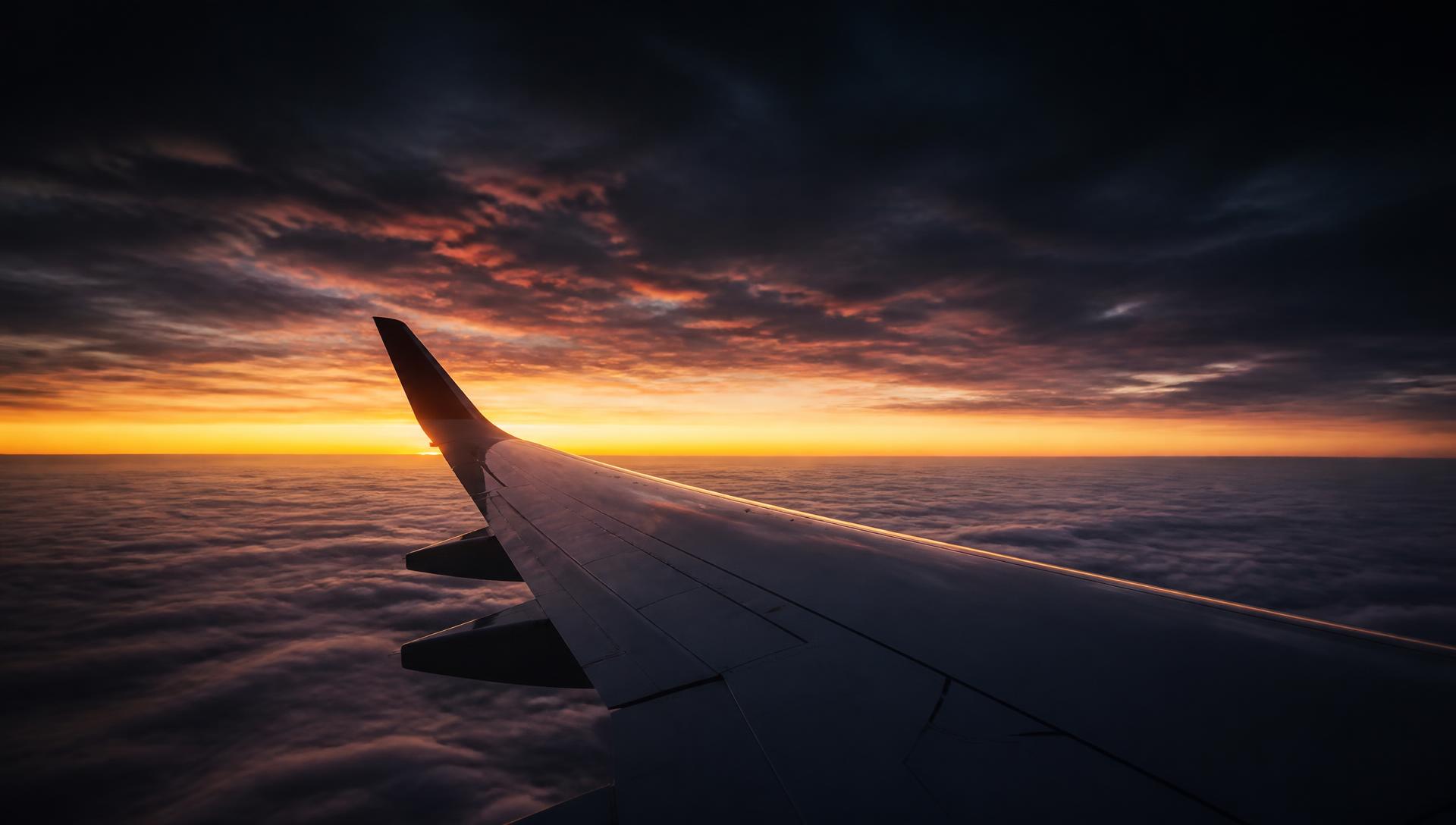 Aircraft wing above a layer of clouds