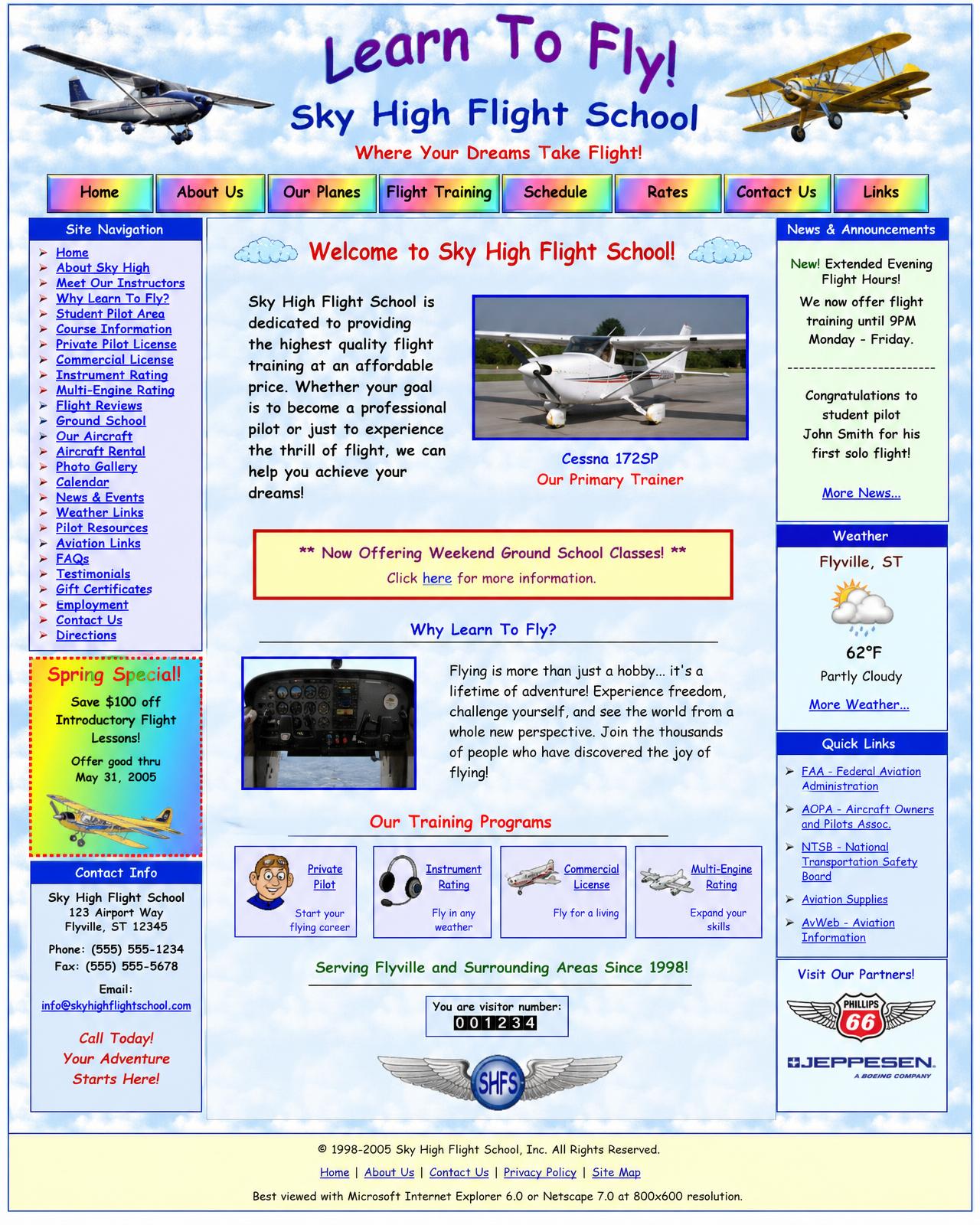 Outdated flight school website before the redesign